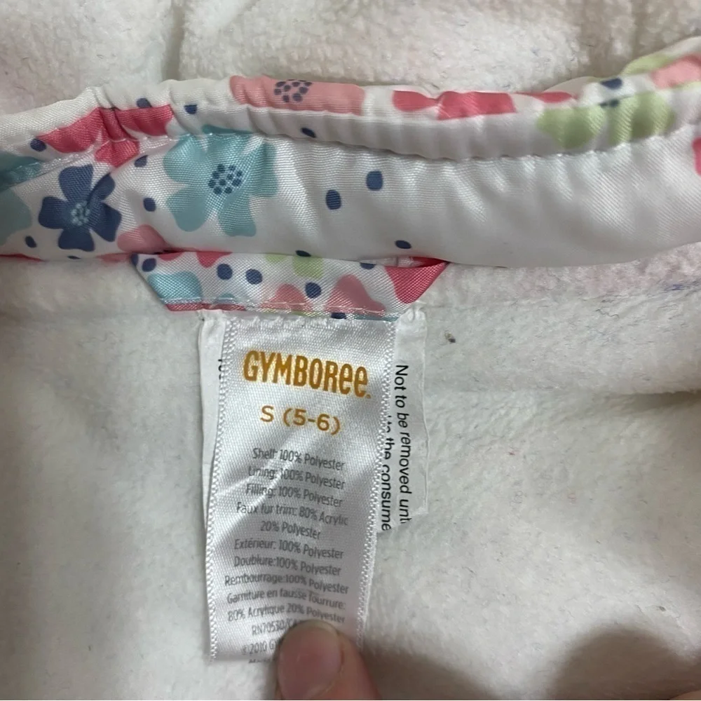Gymboree Puffer Vest Small 5-6 White Pink Faux Fur Hood Snap Button Floral
